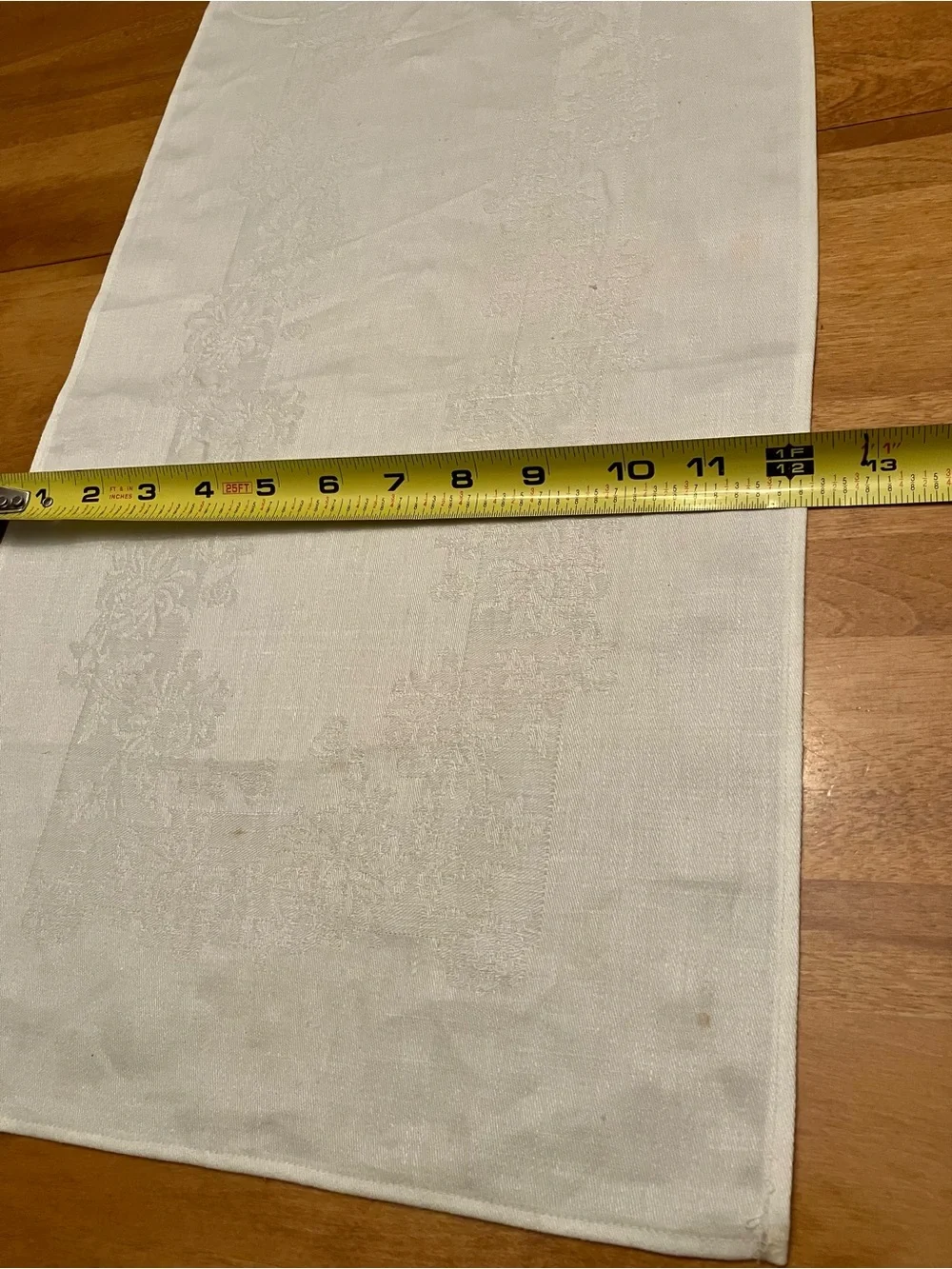 Vintage 100% Irish Linen Double Damask Table Runner White Floral, 45” x 12.25”